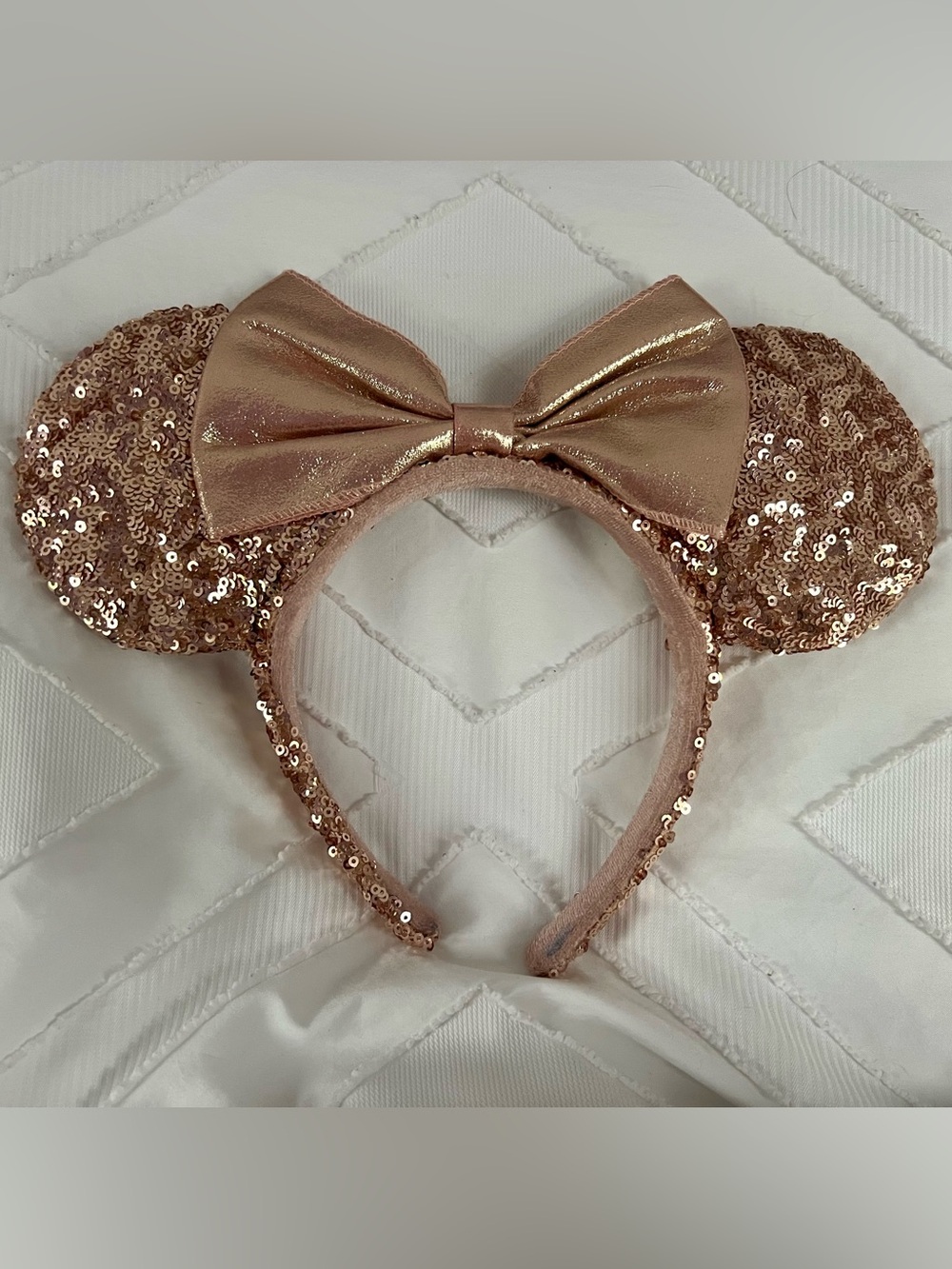 Rose Gold Sequin Minnie Ear Headband with Metallic Bow